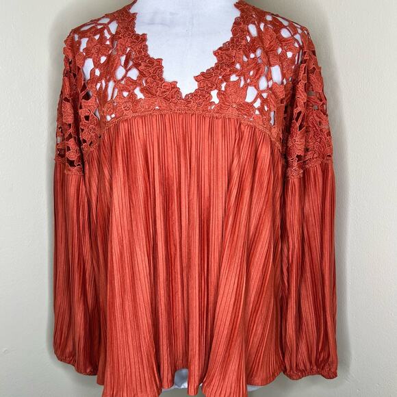 Express Top Medium Orange V-Neck Pleated Lace Balloon Sleeve Floral Crochet Boho - Picture 1 of 8